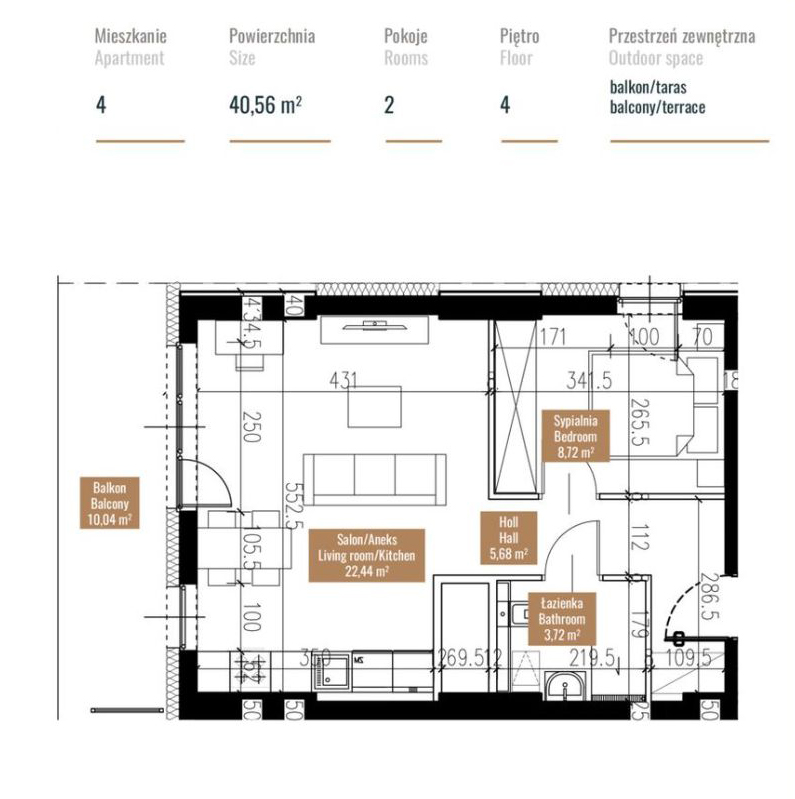 Rzut mieszkania-2-pokoje-41-m²-4-piętro